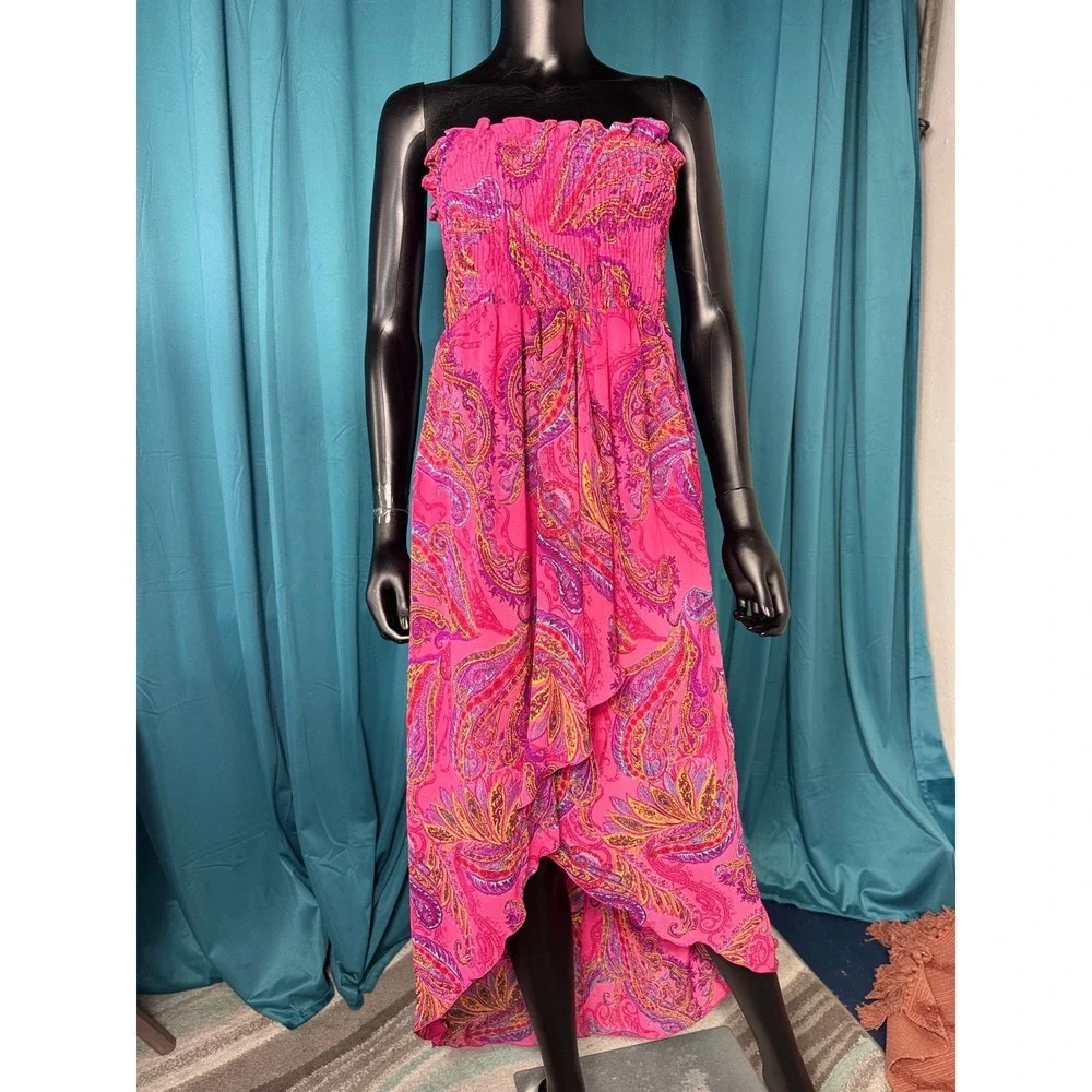 Snap Pink Paisley Strapless Dress High Low Hem Maxi Dress Summer Beach Cover LUp - Picture 1 of 10